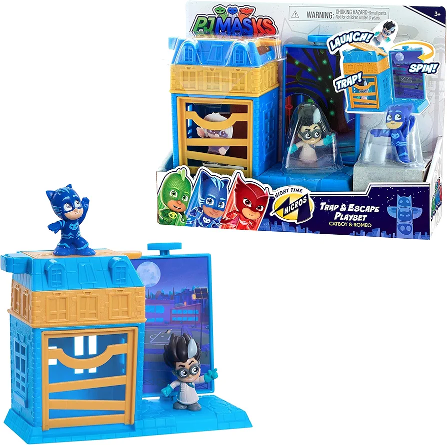 PJ Masks Nighttime Micros Trap & Escape Playset, Catboy vs. Romeo, Kids Toys for Ages 3 Up by Just Play