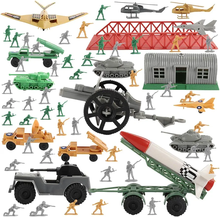 ViiKONDO Army Men Toy Military Playset Green Soldier 71pcs WWII US vs German Epic Battlefield Helicopter Tank Cannon Barrack Map Accessories Fun Wargame Gift for Boys