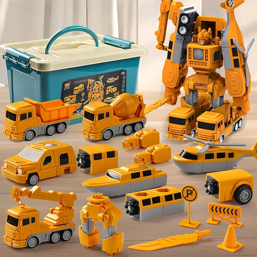 Mangetic Transform Engineering Car Assembled Toys, Transforming Robot Car Toy, Kids' Play Construction Vehicles, Outdoor Toddlers Activities Toys Magnetic Blocks for Kids Age 3-8(Yellow-35pcs)