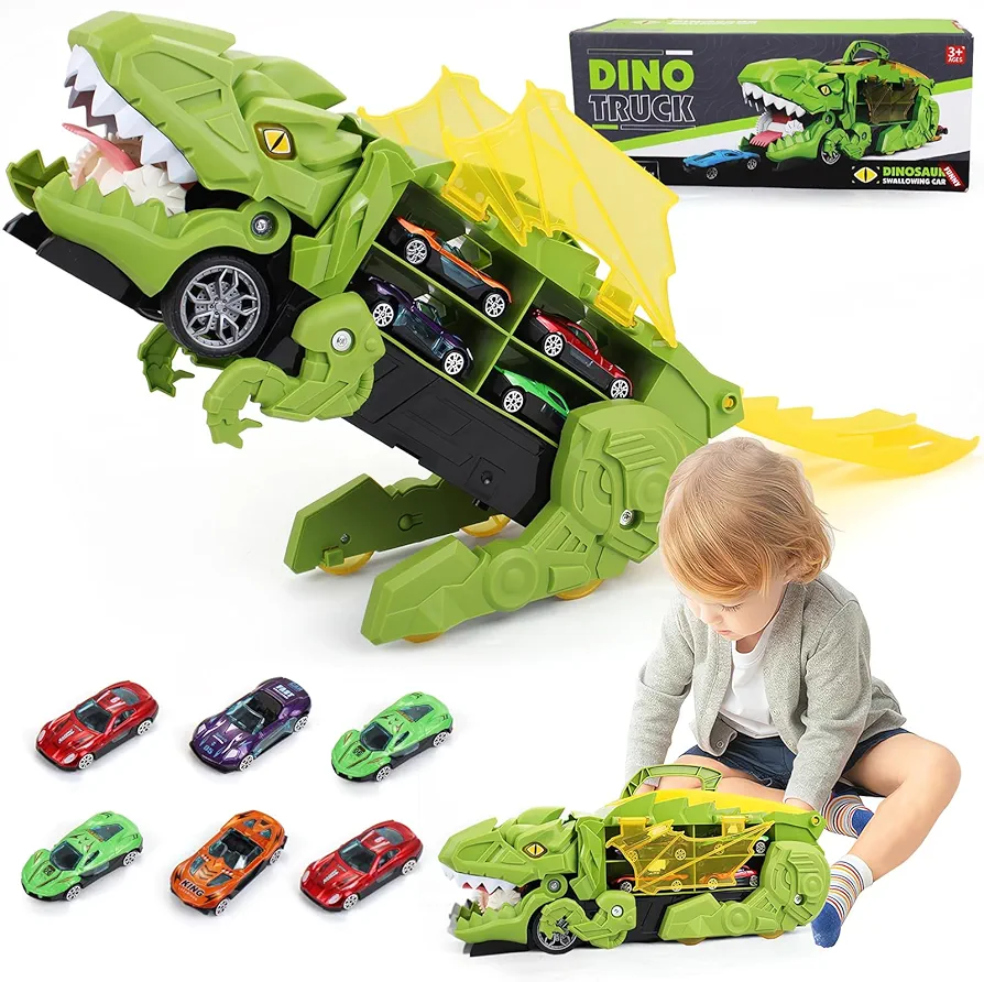 Dinosaur Cars Transport Truck Carrier, Toy Cars Track Set Dinosaur Transporter Truck, Monster Trucks Toy for Toddler, Transforms into Dino, Dinosaur Toys for Kids 3-5, Birthday Gifts Toys(Green)