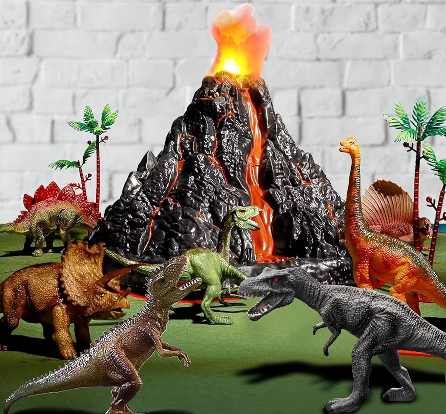 Volcanic Eruption Dinosaur Dinosaur Toys with Simulation Volcano for Kids 3-12 Years, Realistic Dino Figures & Large Play Mat for Boys and Girls, Gift for Preschool Toddlers (Size 63x63 in)