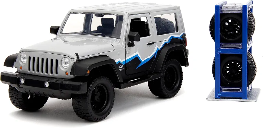 Just Trucks 1:24 2007 Jeep Wrangler Die-Cast Truck w/Tire Rack, Toys for Kids and Adults(Grey/Primer Black)