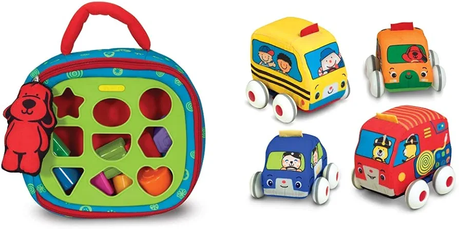 Melissa & Doug K's Kids Take-Along Shape Sorter Baby Toy & K's Kids Pull-Back Vehicle Set - Soft Baby Toy Set with 4 Cars and Trucks and Carrying Case