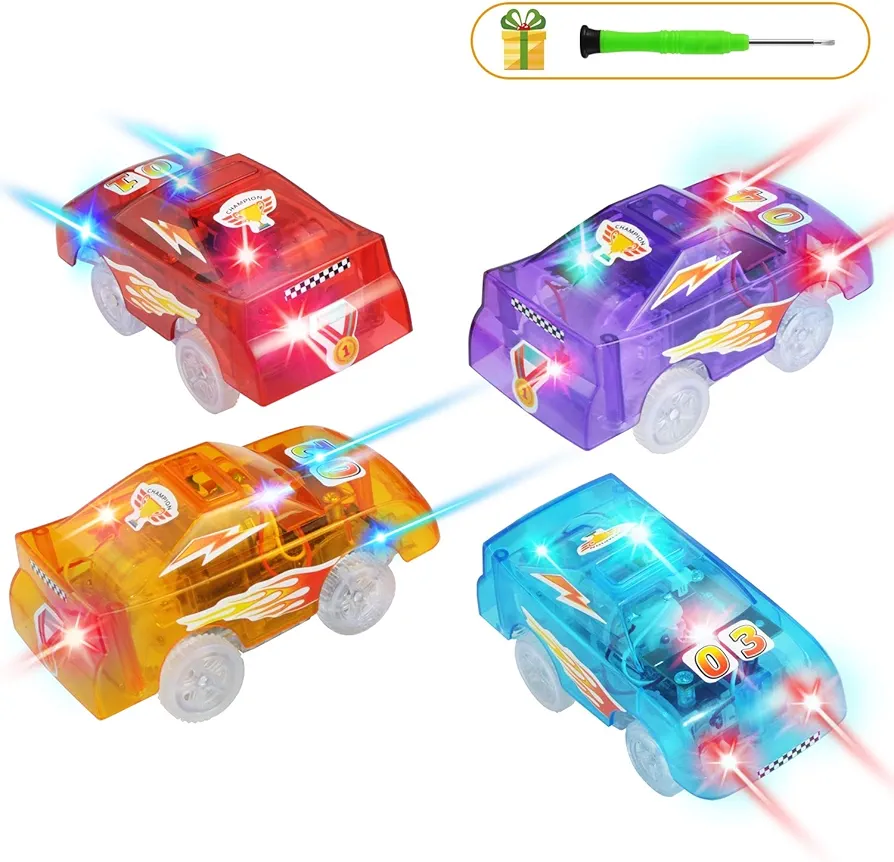 Tracks Cars Replacement only, Toy Cars for Most Tracks Glow in The Dark, Car Track Accessories with 5 Flashing LED Lights, Compatible with Most Car Tracks for Girls Boys and Kids(4pack)