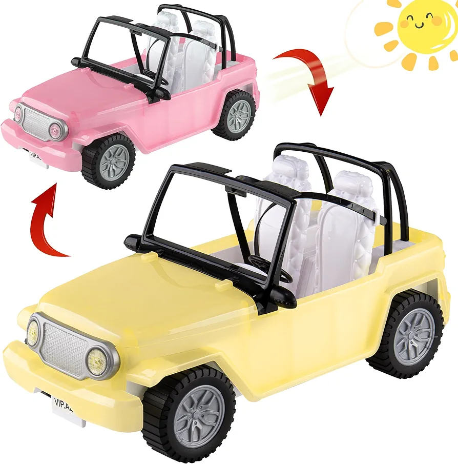 Fashion Toy Car for Dolls, Off-Road Doll Vehicle Toy Change Color under Sunlight, 2-Seat Convertible Car with Rolling Wheels, for 11.5” Doll, Great Gift for Kids Girls 3 to 7 Year Olds (Yellow)