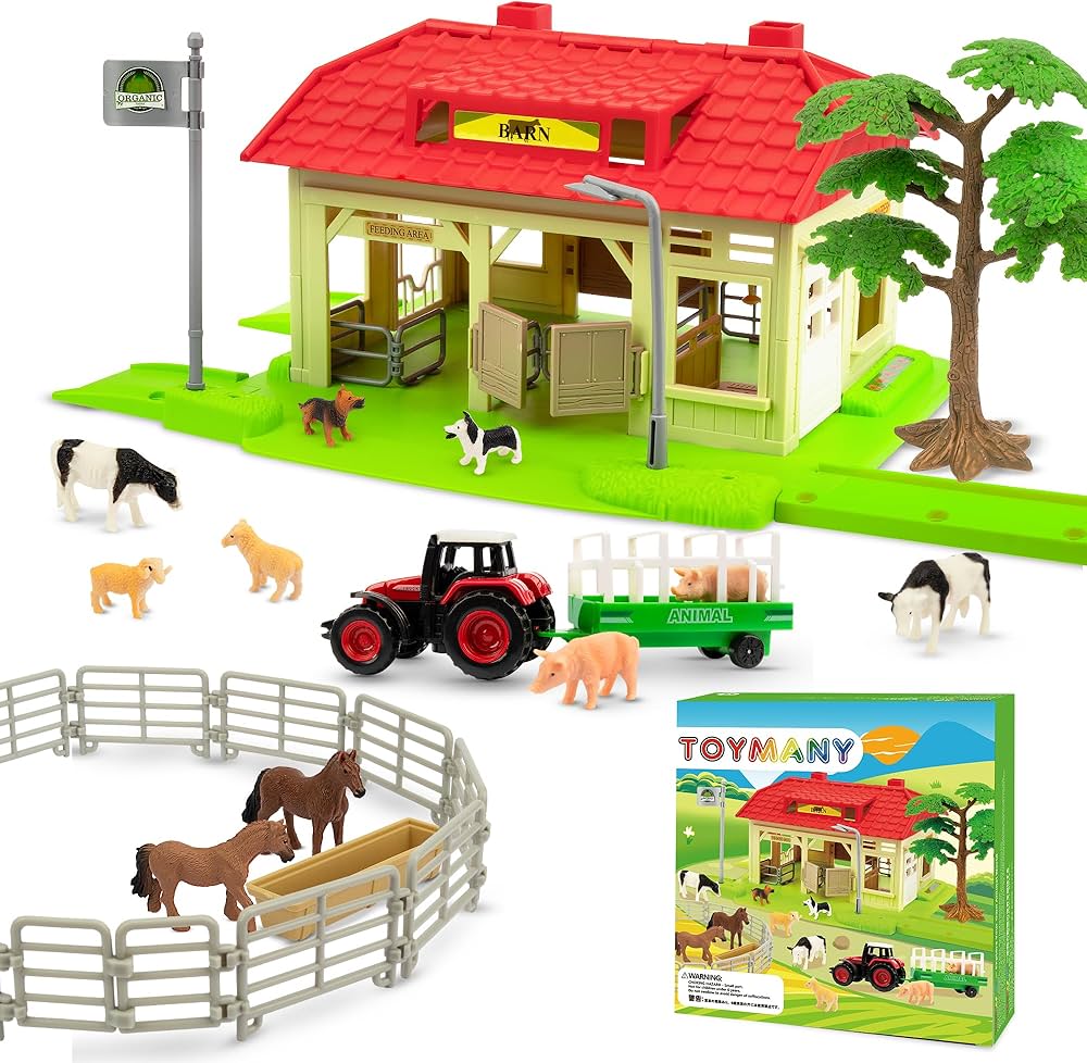 Toymany Barn House with Tiny Farm Animals Figures Tractor Fence and Tree - Farm Playset with Barn, Farm Animal Barn - Learning Christmas Birthday Gift for Kids Toddlers