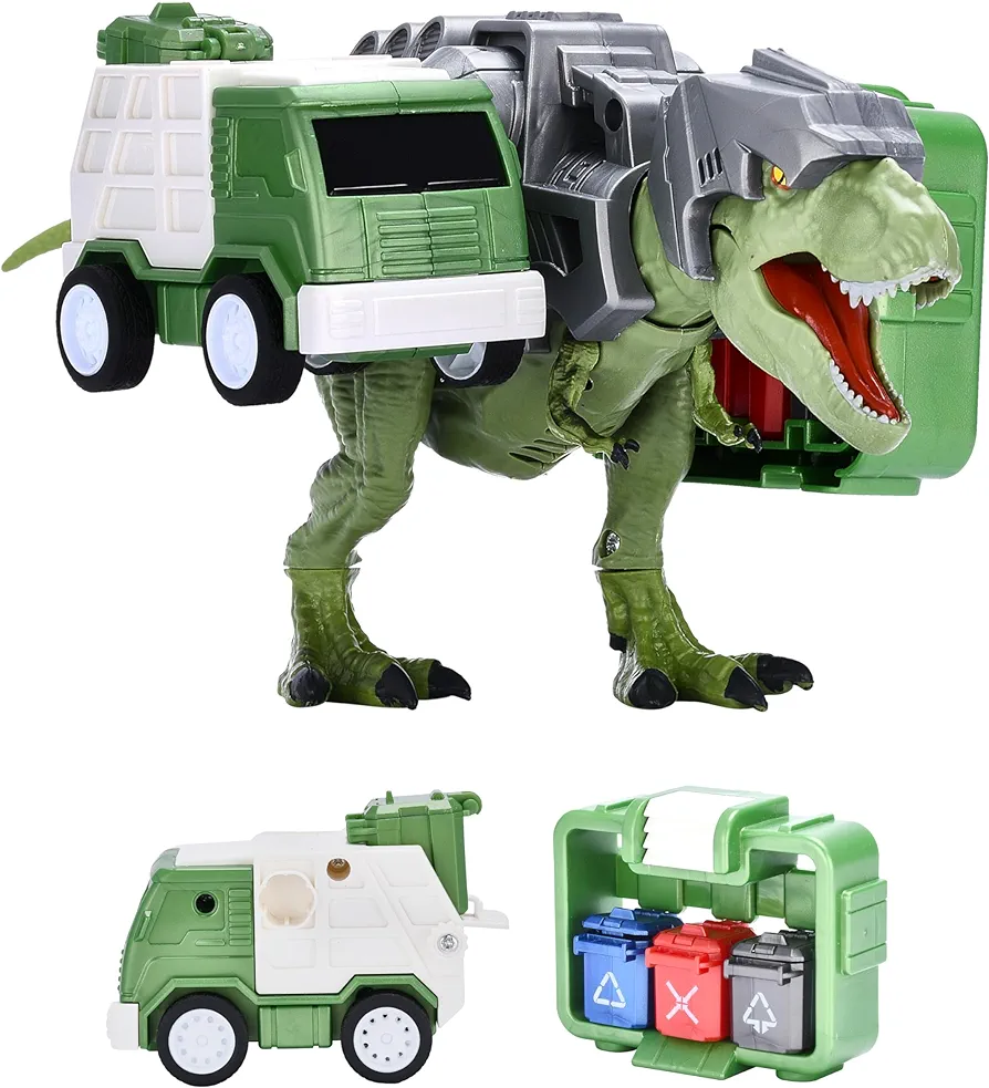 Dazmers Robotic Dinosaur Playset with Light and Sound Effect - Realistic Interactive Walking Dinosaur with Dump Truck and Recycling Bin Accessory - 3 x AG13 Batteries Included -10.4"x6.1"x5.1" - Green