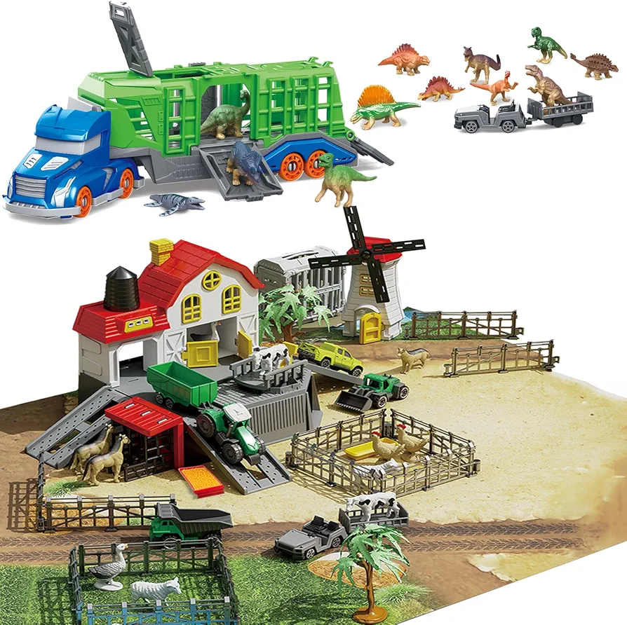 Farm Playset Barn House with Animals Figurines, Dinosaur Carrier Transport Truck Set with 12 Dinosaur Figures