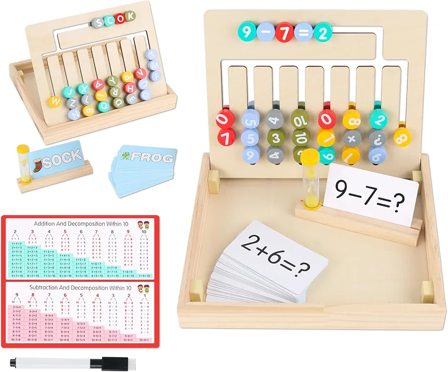 Montessori Educational Toys for Kids Ages 3-8, 2 in 1 Matching Letter Spelling & Number Counting Game, Wooden Slide Puzzle w/CVC Sight Words Timer - Preschool Learning Toys Boys Girls Gift