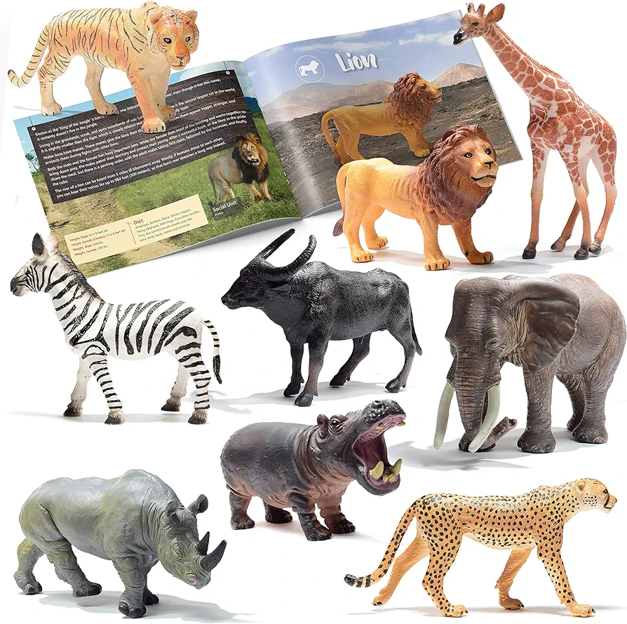 Prextex Realistic Safari Animal Figurines - 9 Large Plastic Figures - Jungle, Zoo, Forest, and Wild Animal Toys with Educational Animals Book, Safari Animals Figures - Birthday Gift, Toddlers 3+ Years