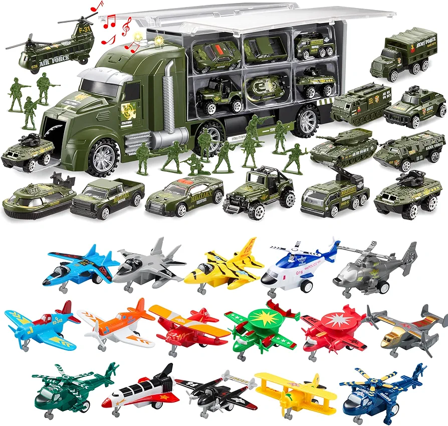 JOYIN 25 in 1 Green Military Big Truck with 16 Pcs Pull Back Airplane Toys, Army Men Tanks Set with Soldier Men, Aircraft Incl Helicopter Toys for Toddler Kids 3+ Years Old, Kids Toys