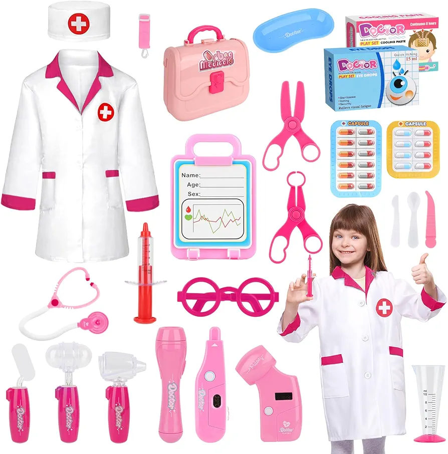 Doctor Kit Toy for Kids Pretend Play Doctor Playset Toddlers Toys Medical Set for Dress Up Preschool Role Play Birthday Gifts Girl Age 3 4 5 6 7 8 Year Old Educational Doctor Costume Kits Play Pink