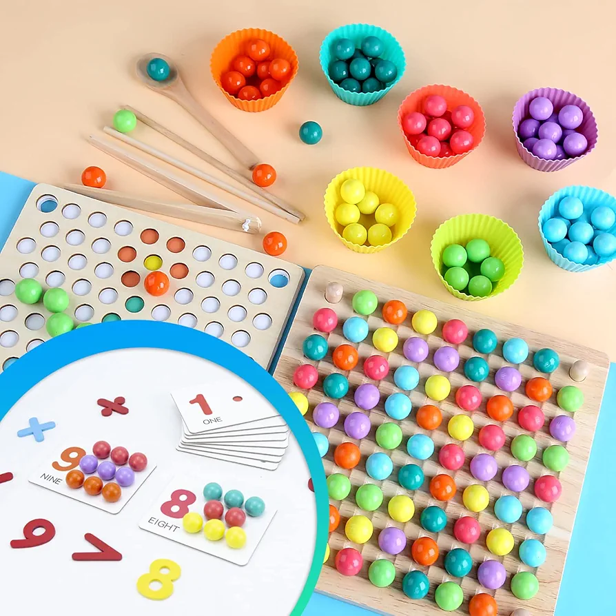 5 in 1 Sorting Stacking Color Toys with Maths Counting, Montessori Toys for Preschool Math Educational, Wooden Peg Board Beads Game,Toddler Matching Games