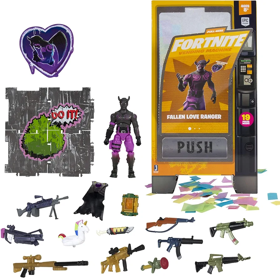 Fortnite Vending Machine - Features 4 Inch Fallen Love Ranger Collectible Action Figure, Includes 9 Weapons, 4 Back Bling, and 4 Building Material Pieces