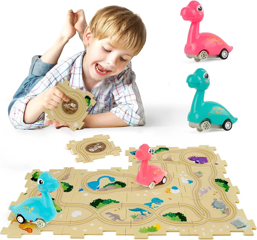 Puzzle Racer Kids Car Track Set with 2 Dino Cars, Kids Toys Boys 3-5, Toys for 2 3 4 5 6 Year Old Boys, Toys for Ages 2-4 Boys, Car Tracks for Toddlers, Montessori Toys for 3+ Year Old