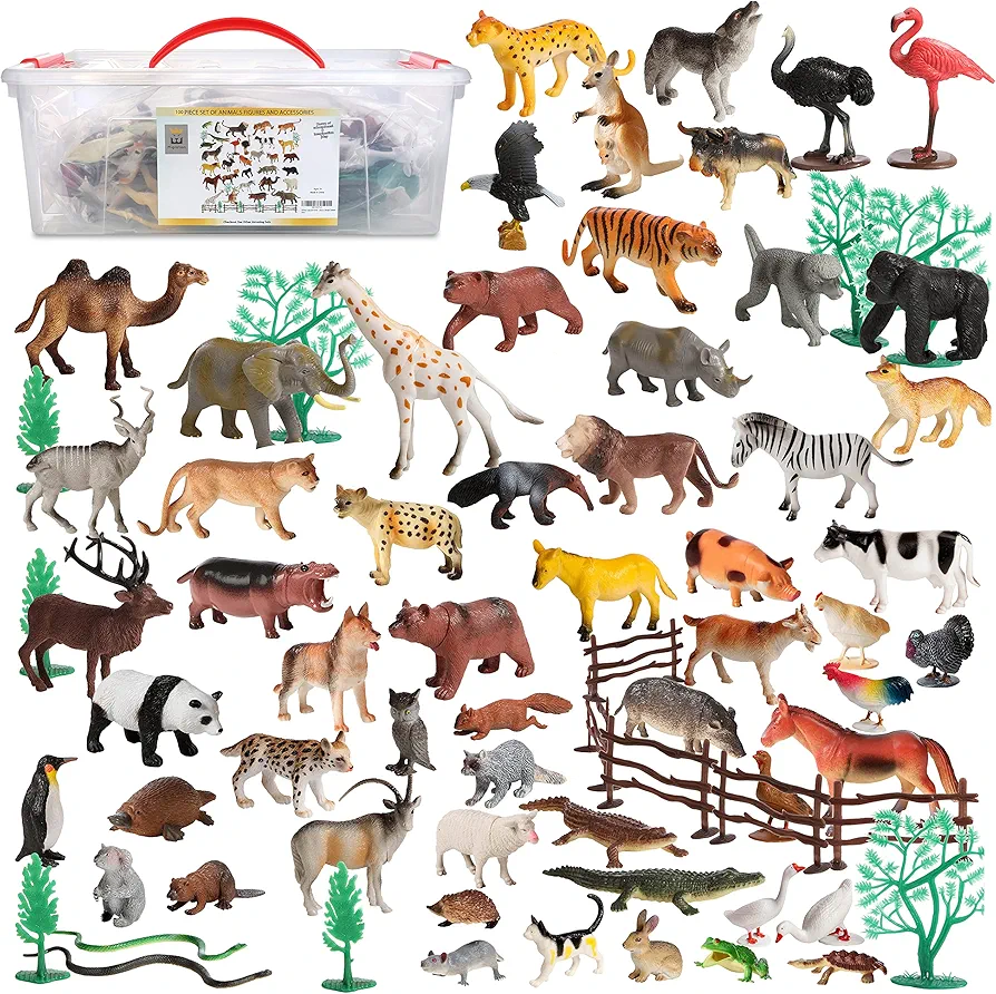 Migration 100 Piece Set of Animal Plastic Figures Playset, Includes Wild, Safari, Zoo, Jungle, Farm, Forest, Desert, Ocean Animals, Birds, Action Toy Figures Accessories and Container