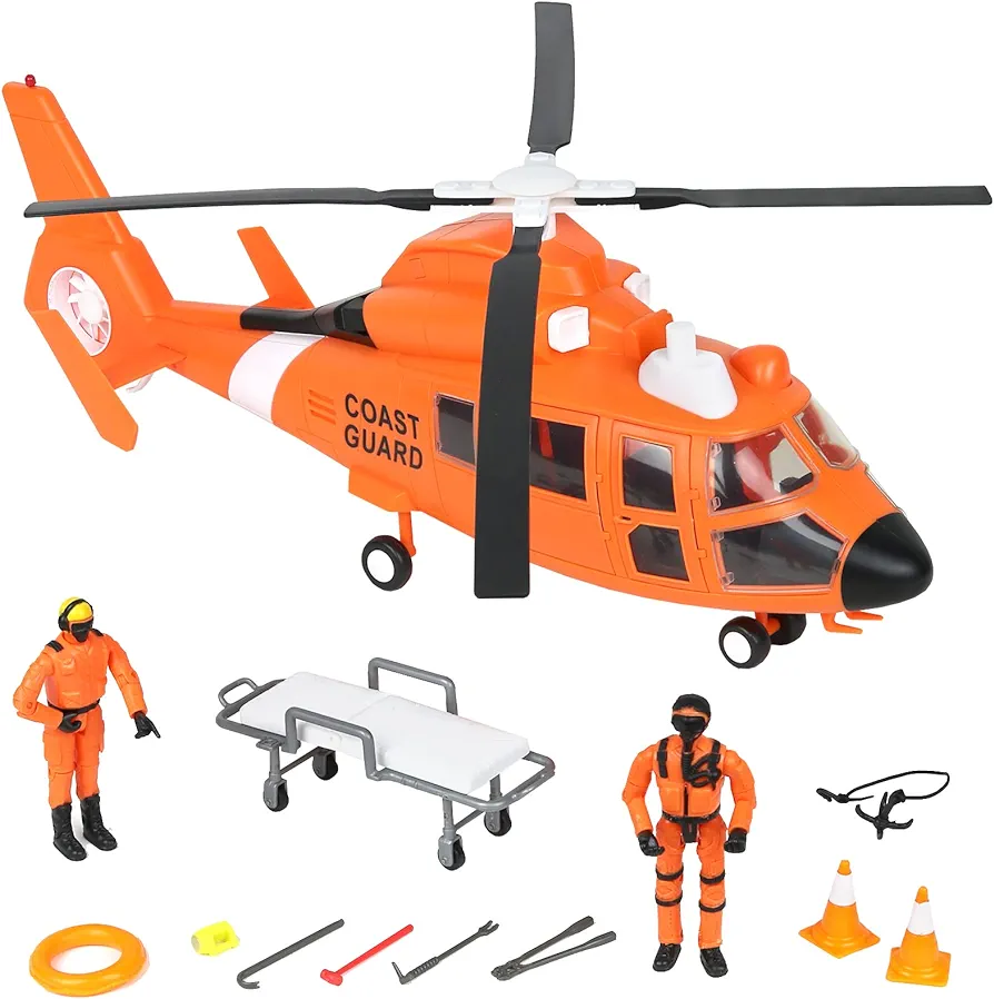 Click N' Play Toy Helicopter Set, Coast Guard Rescue Helicopter for Kids, 13-Piece Play Set Including Coast Guard Action Figures & Accessories, Orange