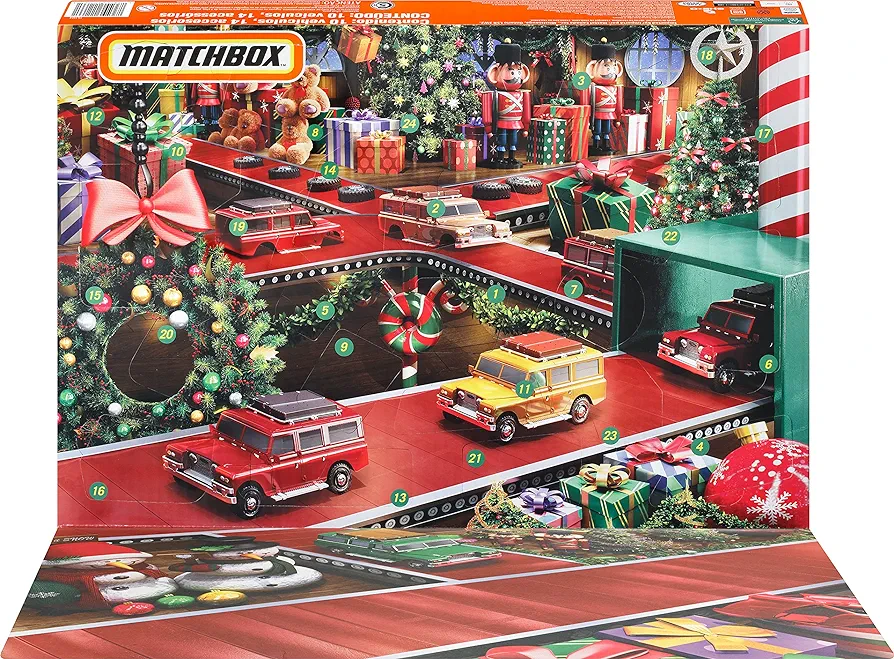 Matchbox Cars Advent Calendar, Mix of 10 Die-Cast 1:64 Scale Toy Cars, Trucks or Buses, 14 Accessories & Playmat (Styles May Vary)