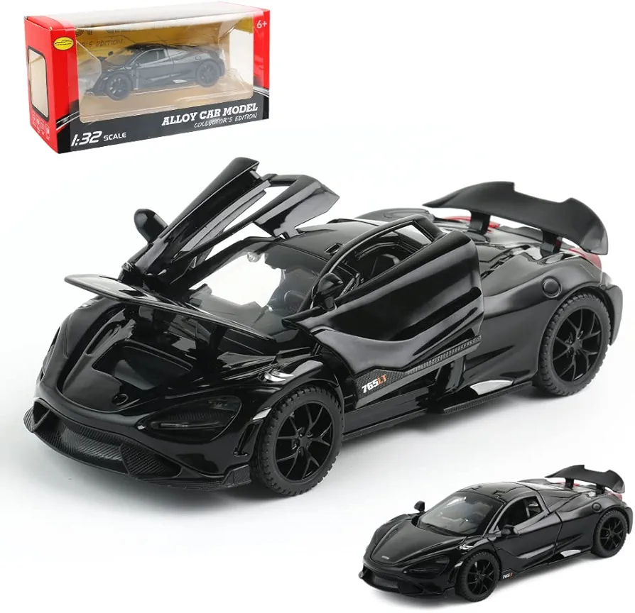 Diecast Toy Car McLaren 765LT Sports Car Model,Zinc Alloy Simulation Casting Pull Back Vehicles,1:32 Scale Mini Supercar Toys with Lights and Music for Toddlers Kids Children Gift (765LT-Black)