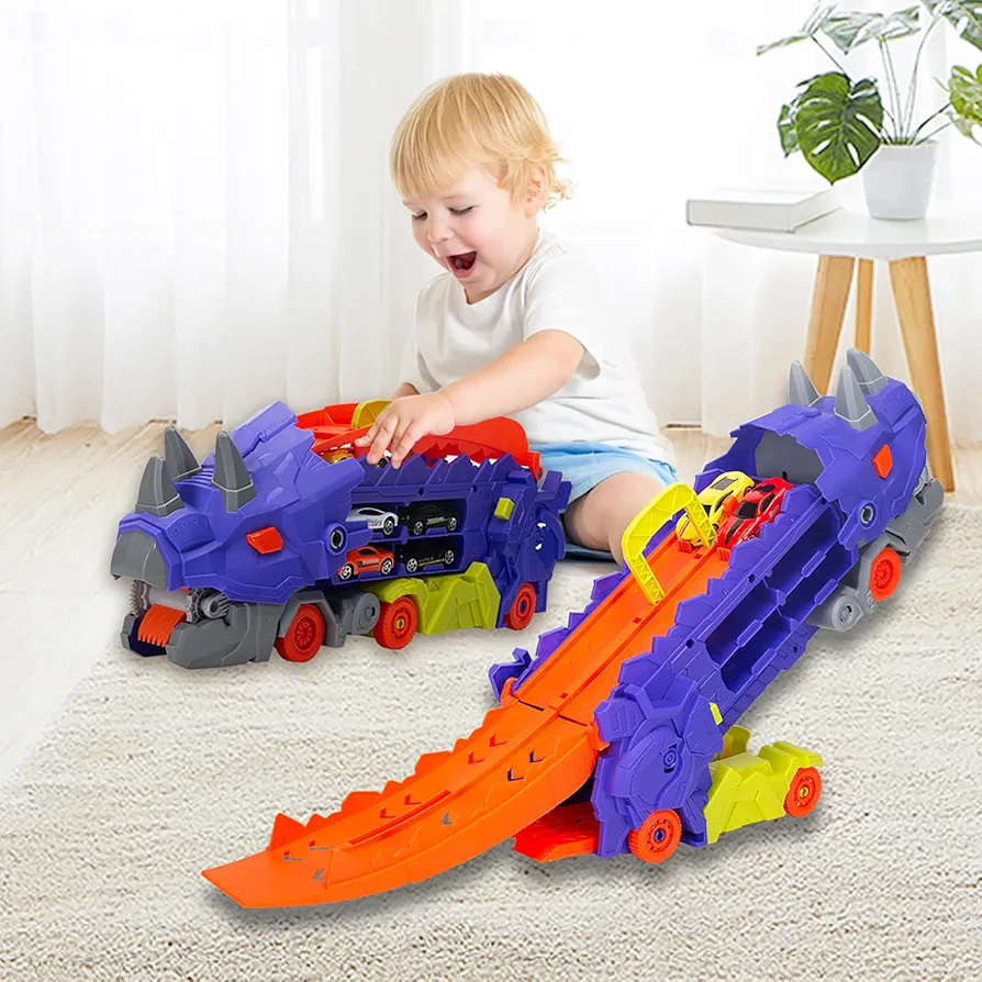 Transport Dinosaur Hauler Track Toy,Transforms into Standing Triceratops,Best Birthday Gifts Toys for Age 3 4 5 6 Years Old Kids Boys&Girls(6 Die-Cast Race Cars) (Purple)