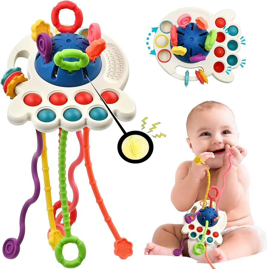 AiTuiTui Sensory Montessori Baby Toys 6 to 12 Months, Toddler Travel Toys for 1 2 Year Old Boy Girl Birthday Gifts, Soft Pull String Fidget Educational Learning Bath Toys for 9 10 18 Months Infants