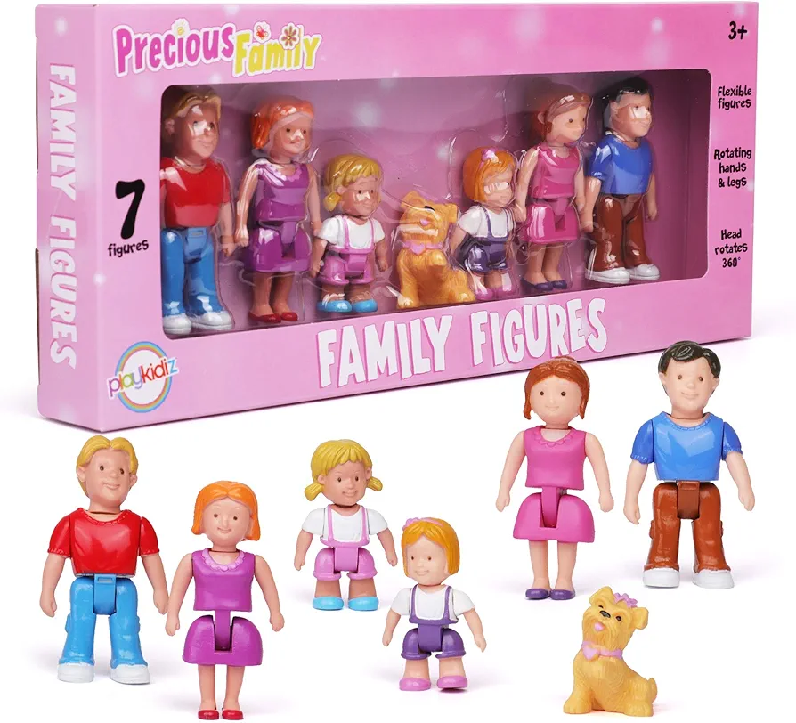 Playkidz Family Figures - Set of 7 Small Toy People for Dollhouse Play, includes Parents, Sibling, and Pet - Doll House Accessories for Children