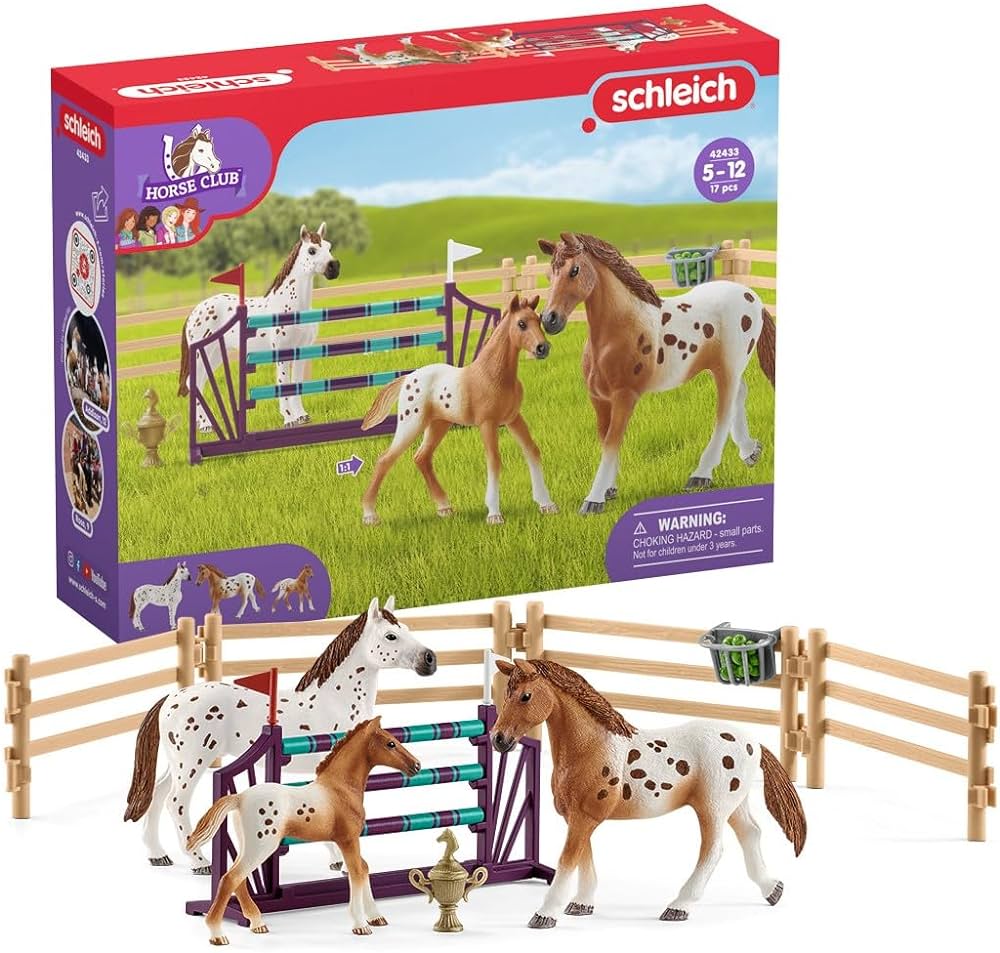 Schleich Horse Club, Horse Toys for Girls and Boys, Lisa's Tournament Training Horse Set with Appaloosa Horse Toys, 17 Pieces, Ages 5+