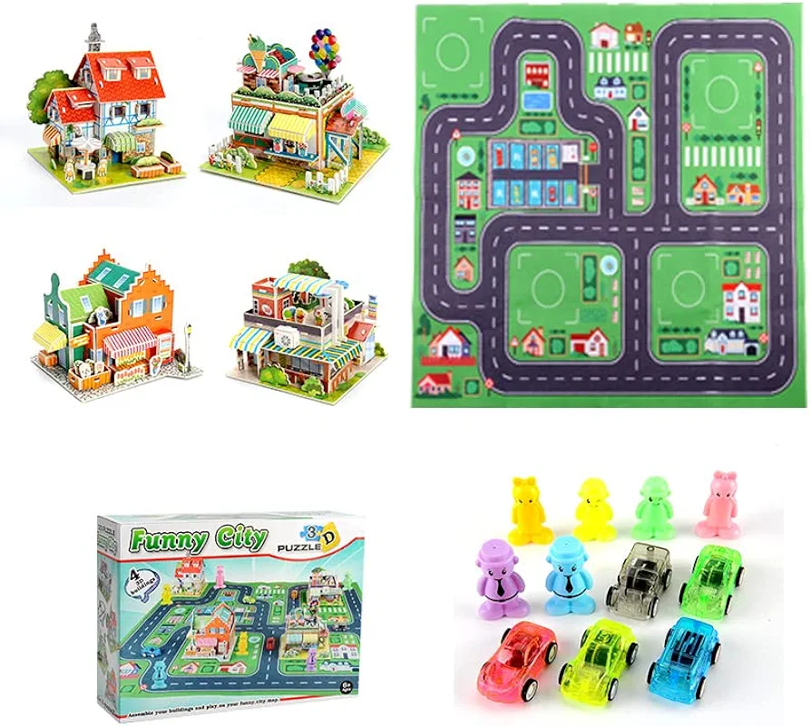 3D Puzzle Toys for Kids Ages 8-10-12,5 Pull Back Vehicles Mini Car Children's Puzzle Creative Paper Three-Dimensional Puzzle City Scene Assembled to Build DIY Toys for Girls and Boys