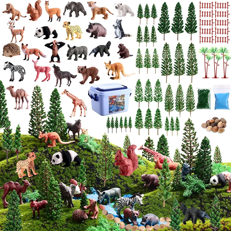 87 Pcs Safari Realistic Animal Figurines Playset with Fence Kit, 1.4-6.3 Inch Mixed Model Trees with Fine Sand Pebbles Moss and Storage Box Forest Animals Figures Toys for Birthday Present