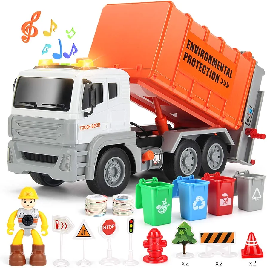 12" Garbage Truck Toys Trash Truck Dump Truck with 4 Garbage Cans, Friction Powered Truck with Sound and Light,Push and Go Pull Back Car for Boys