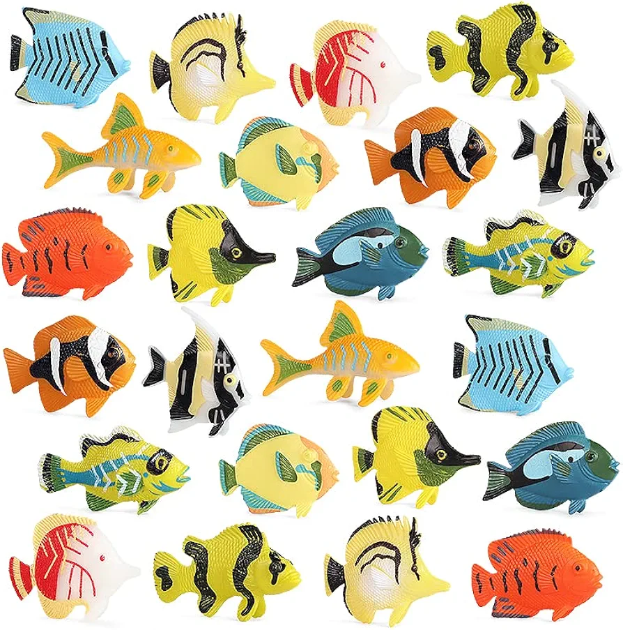 RCOMG 24PCS Tropical Fish Toys, Plastic Sea Creatures Figurines Set, Educational Learning Ocean Animal Figures, Party Favor Miniature Toys Gifts for Boys Girls Kids