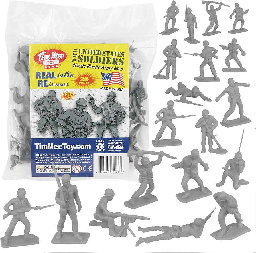 Tim Mee Toy PLASTIC ARMY MEN - 28pc Gray WW2 Soldier Figures - Made in USA