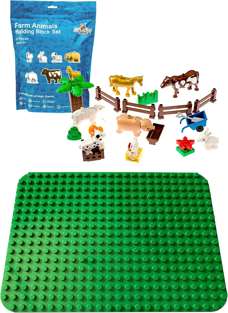 Apostrophe Games Large Block Baseplate and Farm Animal Set Bundle 25 Total Pieces with Cow, Horse, Sheep, Pig, Dog, Chicken, Rabbit, Fences & More