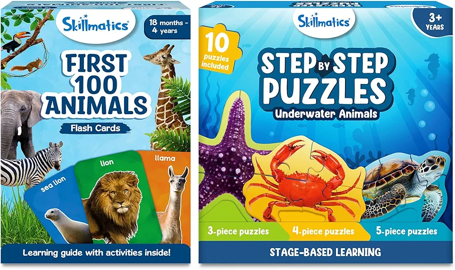 Skillmatics First 100 Animals Flash Cards & Step by Step Puzzles Underwater Animals Bundle, Gifts for Toddlers, Girls & Boys Ages 1, 2, 3 & Up