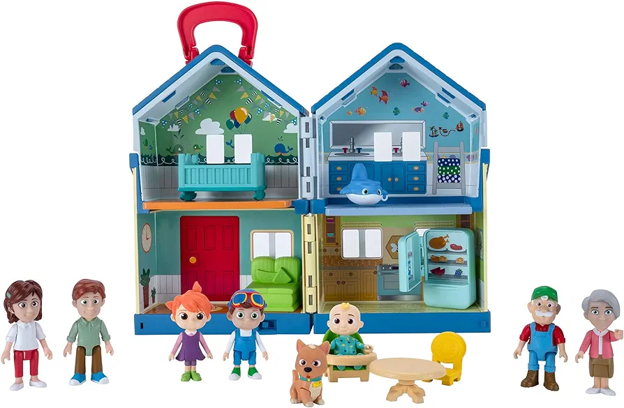 CoComelon Deluxe Family House Playset with Music and Sounds - Includes JJ, Family, Friends, Shark Potty, Crib, Sofa, Chair, High Chair, Dining Room Table, Fridge, Activity Sheet - Amazon Exclusive