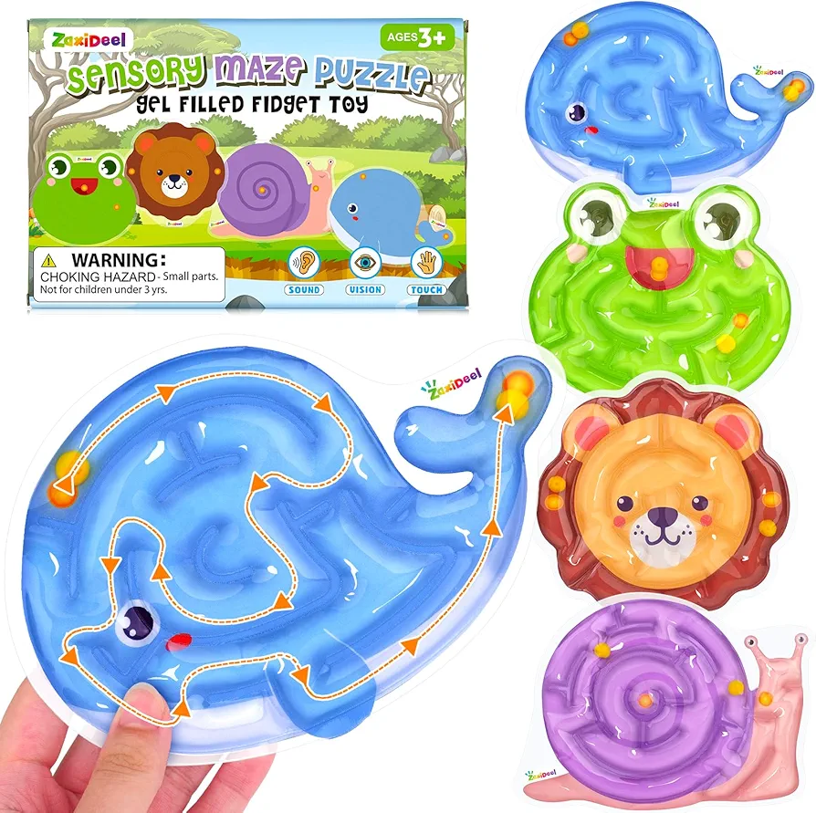 Sensory Toys Fidget Marble Maze : 4 Pack Gel Filled Sensory Items for Kids Childrens Teens with Autism- Classroom Must Haves- Squishy Animal Calm Down Corner Supplies Road Trip Activities for Kids