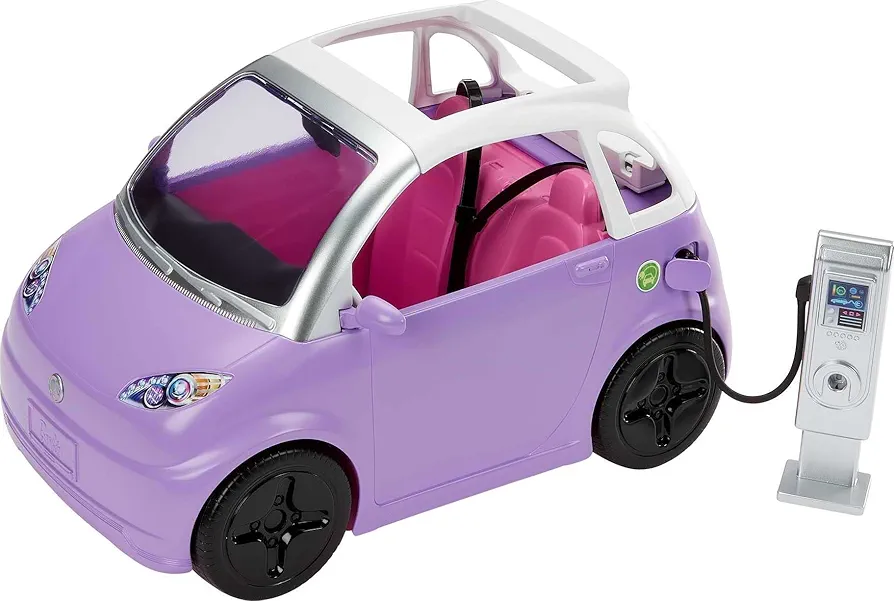 Barbie Doll Accessories, Toy Car Electric Vehicle with Charging Station, Plug & Sunroof, Purple 2-Seater Transforms into Convertible