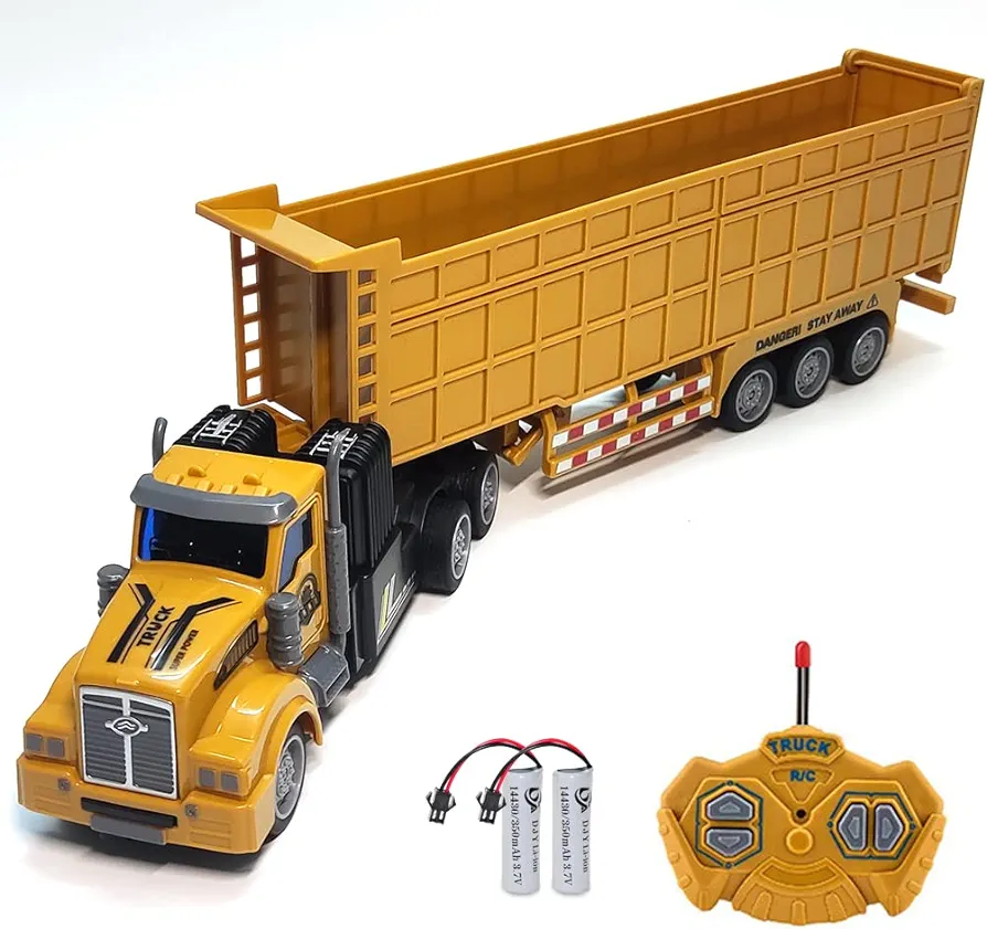 RC Dump Truck with Trailer - 14" 1:48 Mini Semi Truck Toy with 2 Rechargeable Batteries, Remote Control Car Construction Vehicles with Lights, Engineering Tractor Toy for 3 4 5 Years Kids Boys Girls