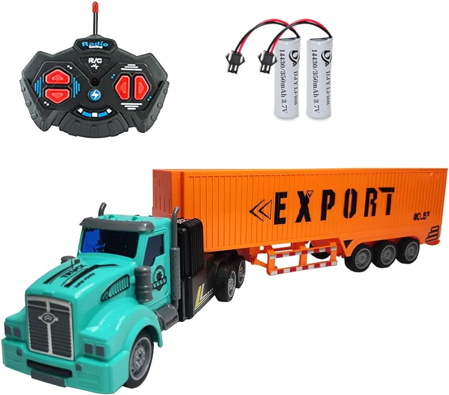 Remote Control Semi Truck Toy for Kids - 14" Mini Container Truck with 2 Rechargeable Batteries,1:48 Carrier Van Transport Car, RC Semi Truck and Trailer with Lights, Great Gift for Kids Boys Girls