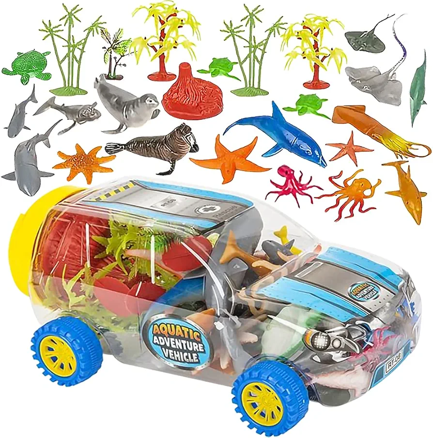 ArtCreativity Aquatic Vehicle Playset, 37-Piece Set with Assorted Ocean Animal Figures and a Clear Storage Truck, Ocean Toys for Kids That Work as Bath Toys and Under The Sea Party Decorations