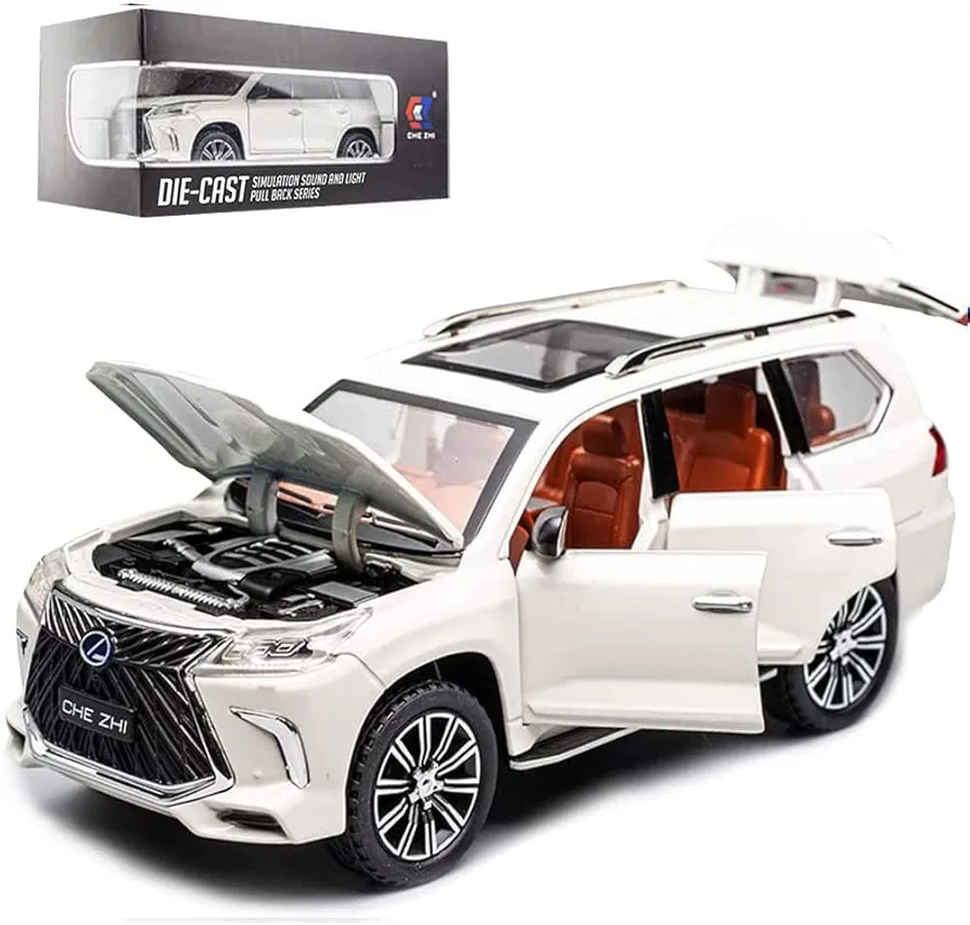 EROCK Exquisite car Model 1/24 Lexus 570 Off-Road in Luxury SUV Model Car, Zinc Alloy Pull Back Toy car with Sound and Light for Kids Boy Girl Gift (White Lexus car Toy)