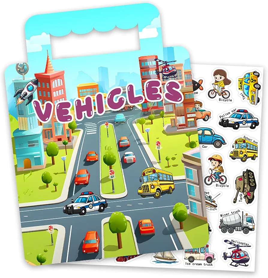 Reusable Vehicle Stickers Book for Kids, Vehicles Car Truck Airplane Stickers Educational Learning Toys Travel Stickers Activity Books for Toddler Girls Boys Birthday Gifts…