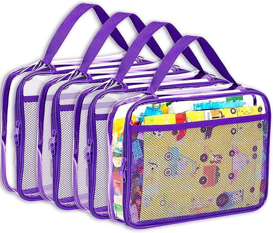 VERONLY 4 Packs PVC Toy Zippered Blocks, Travel Storage Case Bags for Organizing, Waterproof Toy Storage Bags with Mesh Pockets for Building Blocks, Puzzles, Clays,Toy Cars 11.8" Lx3 Wx9 H (Purple).