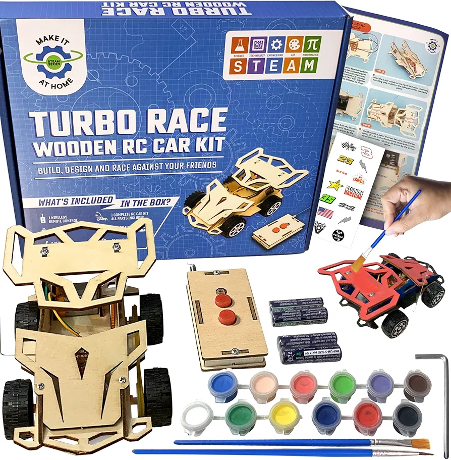 DIY Build Your Own RC Car Kit - Buildable Model - Wooden Cars to Build & Paint - STEAM & STEM Kits Project - Crafts for Boys Ages 8-12 - Wood Simple Machine for Kids