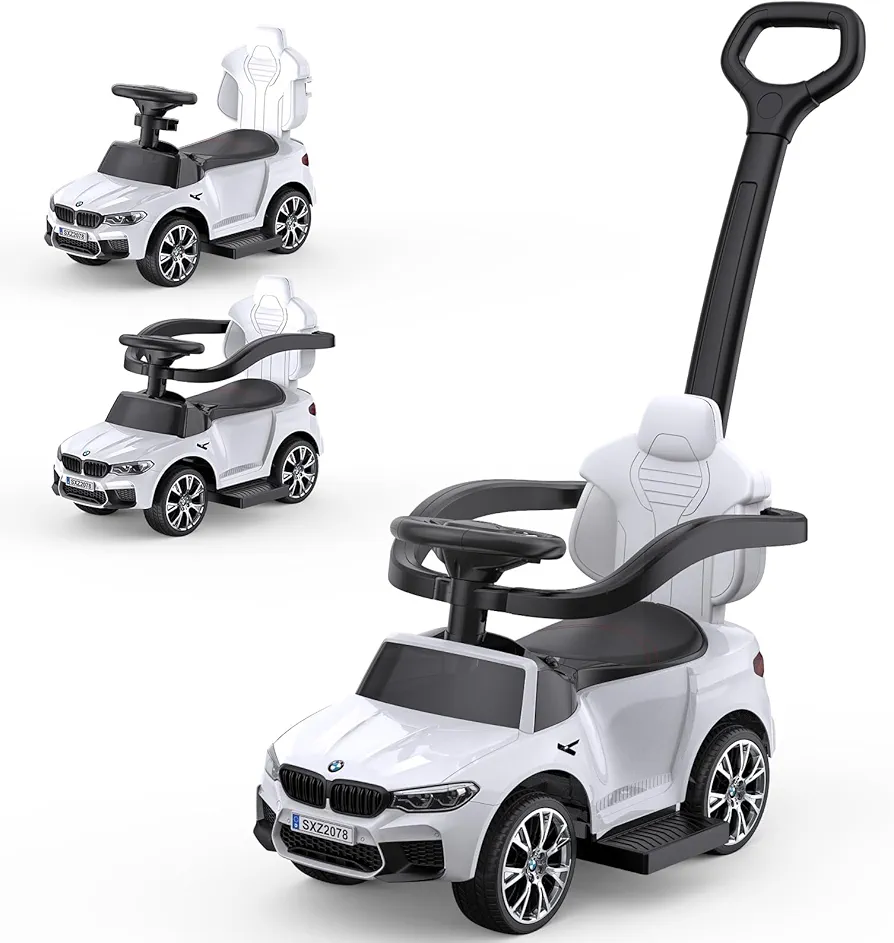 4-in-1 Ride On Cars, Push Cars for Toddlers 1-3 with Horn, Music, Led Lights and Controllable Push Handle (White)