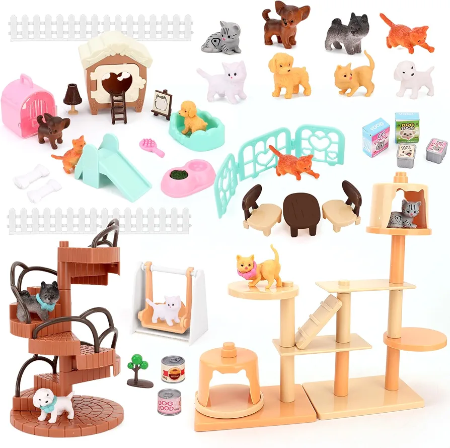 67 PCS Cat and Dog Pet Figurine Playset, Pretend Play Toy for Kids Creative DIY Realistic Detailed, Educational Gift for Kids, Toddlers, Boys and Girls