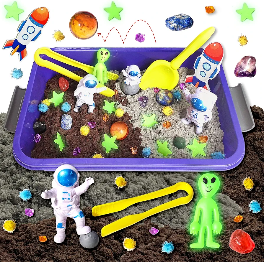 Galaxy Sensory bin, Gemstone Dig Kit,Galaxy Excavation Gem Kit with 5 Real Gemstones for Kids,Space Planet Toys STEM Science Kits,Alien Sandbox Play Set for Girls Boys 3 4 5 6 Years Old