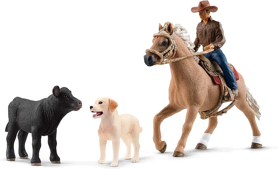 Schleich Farm World Rodeo Calf Adventure Playset - Cowboy Rodeo Rider Figurine with Horse, Cow, and Dog, Realistic Western Rodeo Farm Toys and Accessories, 6-Piece Kids Toy for Boys and Girls