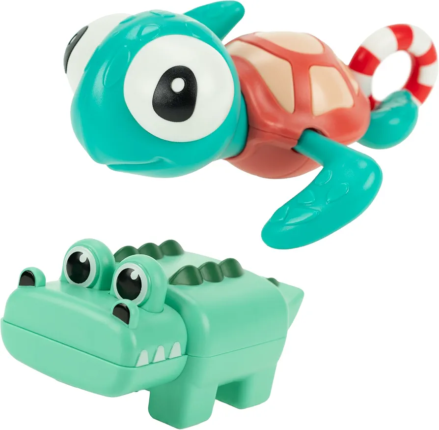 Wind-up Bath Toys Bundle (2 Pack) : Turtle with Swim Ring (Pull-string) & Swimming Crocodile for Kids