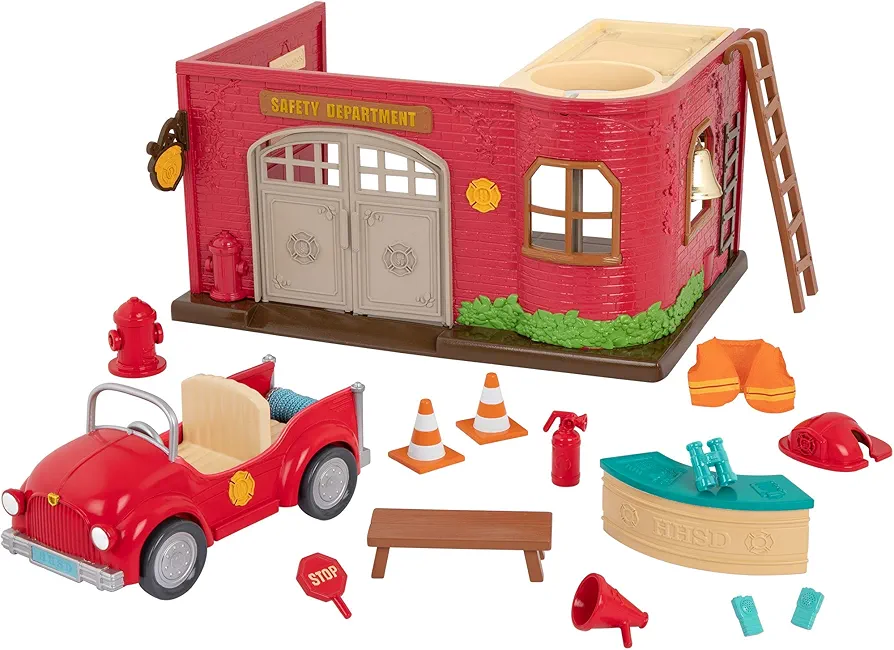 Li'l Woodzeez – 16 Pcs Safety Department Dollhouse Playset – Fire Truck, Miniature Furnitures & Accessories Included – Stackable Toy Pretend Play for Kids 3+